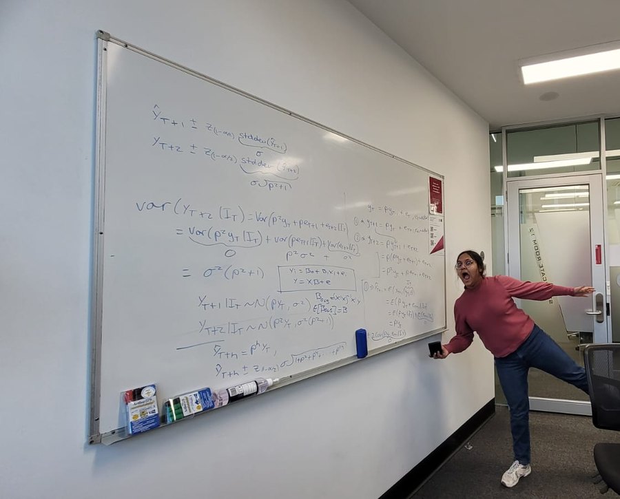 Shambhavi Gupta celebrating in front of a whiteboard covered in predictive analytics derivations