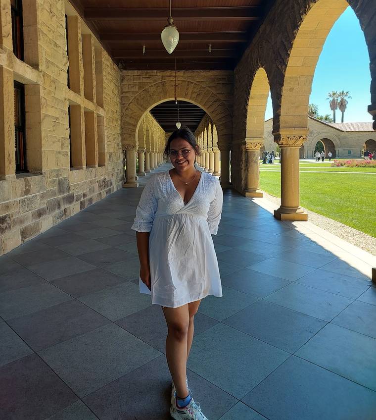 Shambhavi Gupta in the Main Quad arcade at Stanford University